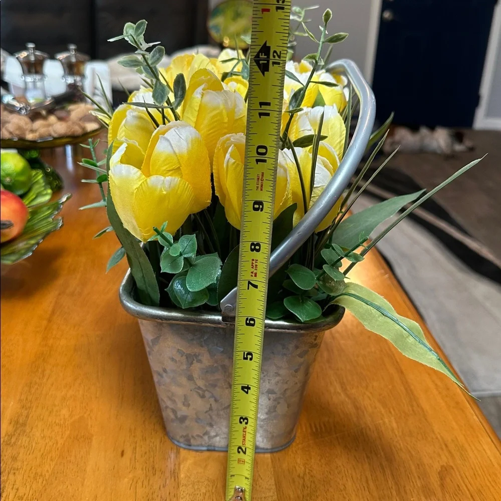 Yellow Tulip Faux Floral Arrangement in Galvanized Planter